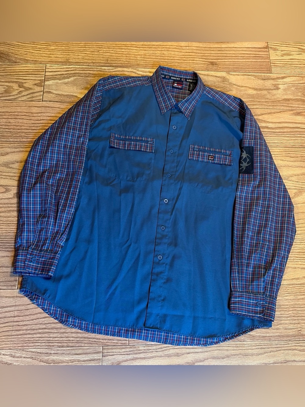 Vintage Bugle Boy Button Down Long Sleeve Shirt Embroidered Logo Size XL